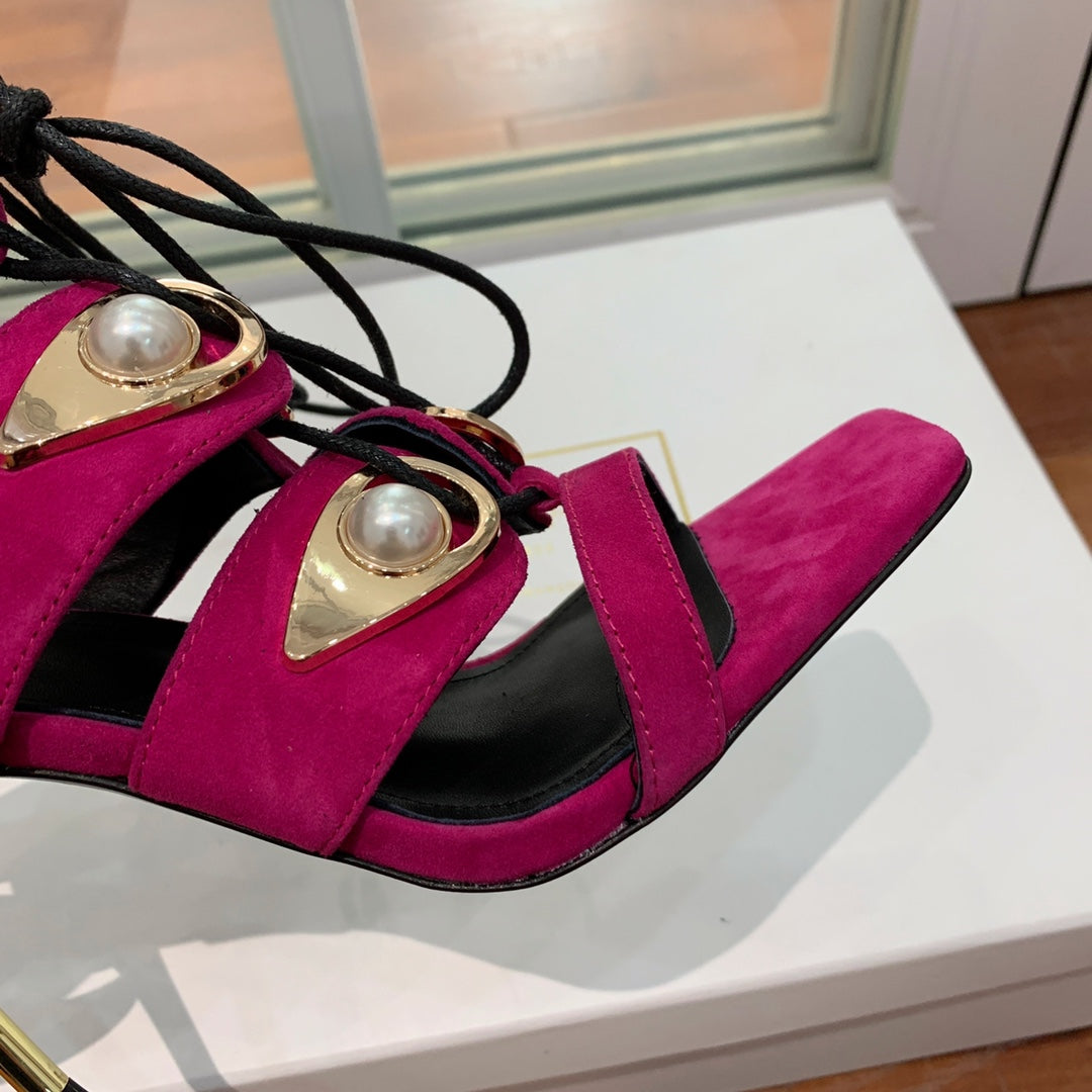 BALMAIN 25S HIGH HEELS 95MM IN FUCHSIA SUEDE WITH PEARL - 36