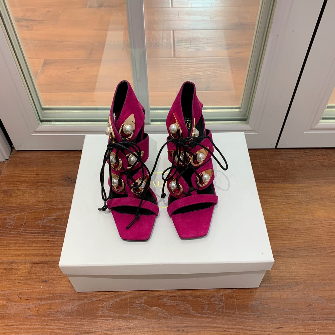 BALMAIN 25S HIGH HEELS 95MM IN FUCHSIA SUEDE WITH PEARL - 36