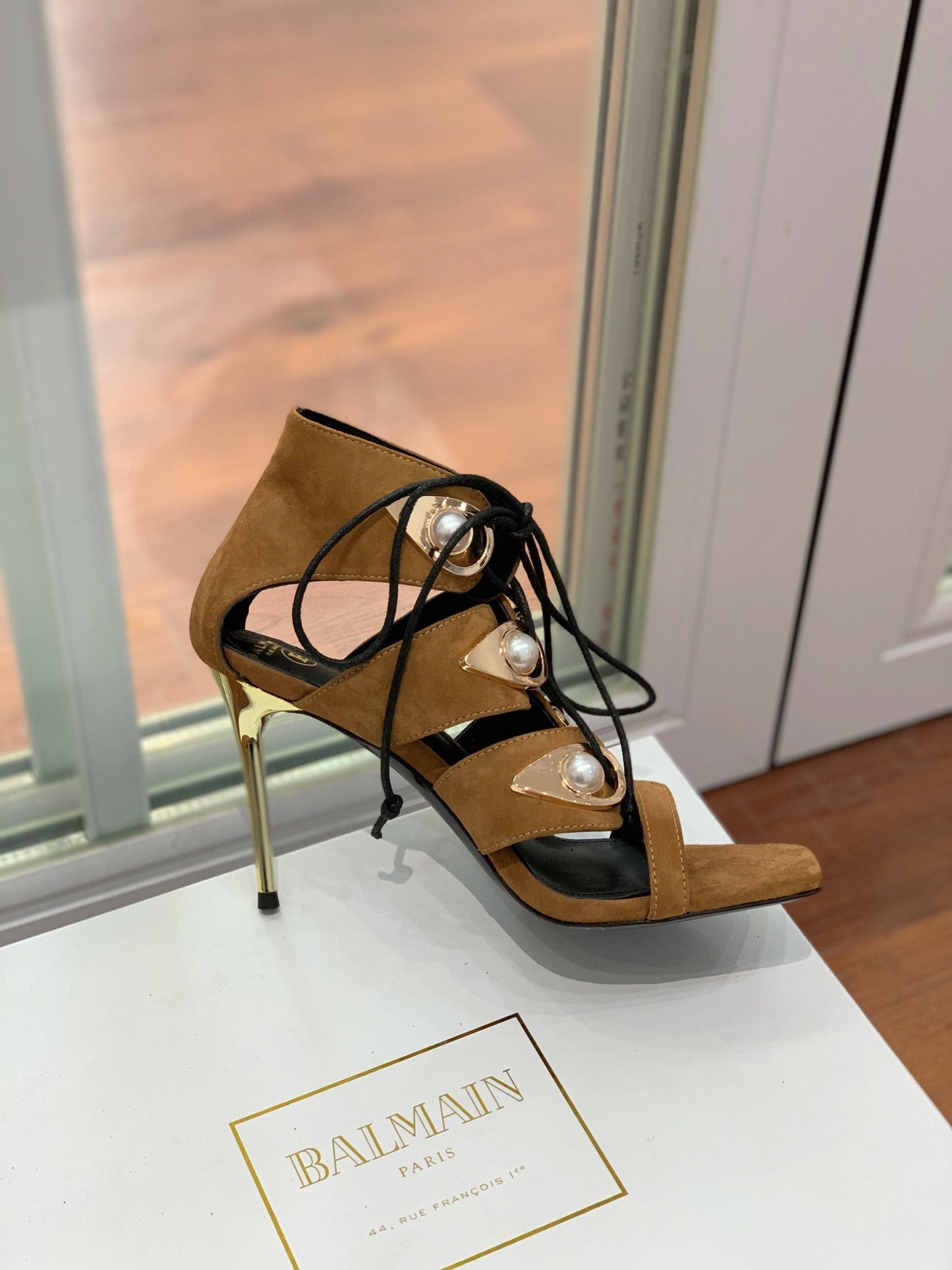 BALMAIN 25S HIGH HEELS 95MM IN DARK BROWN SUEDE WITH PEARL - 36