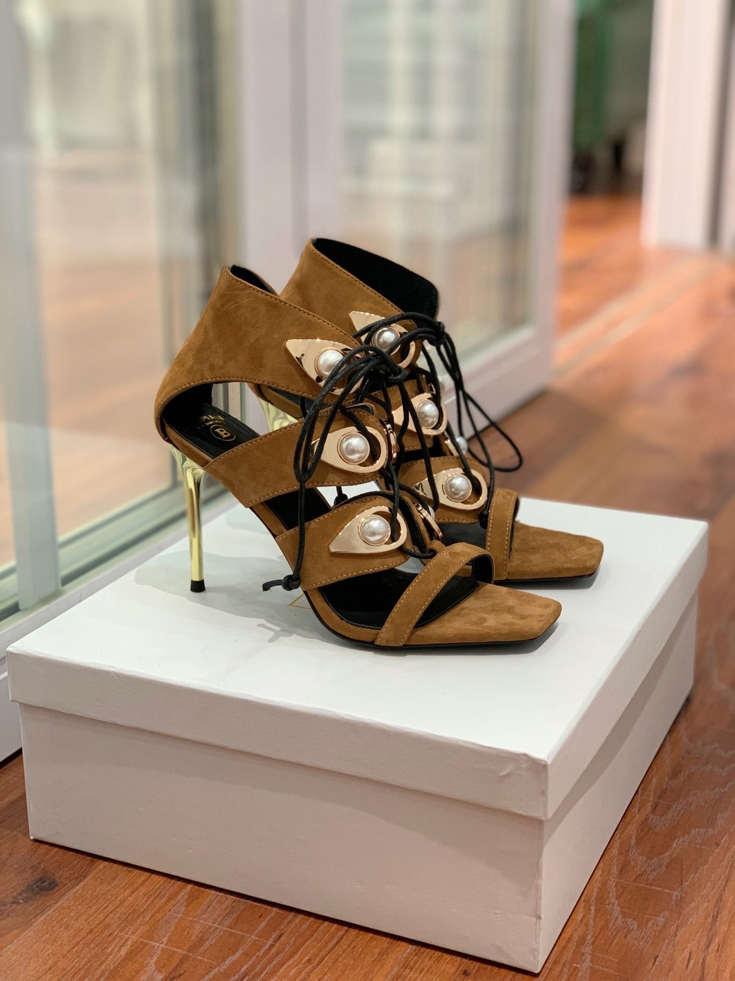 BALMAIN 25S HIGH HEELS 95MM IN DARK BROWN SUEDE WITH PEARL - 36