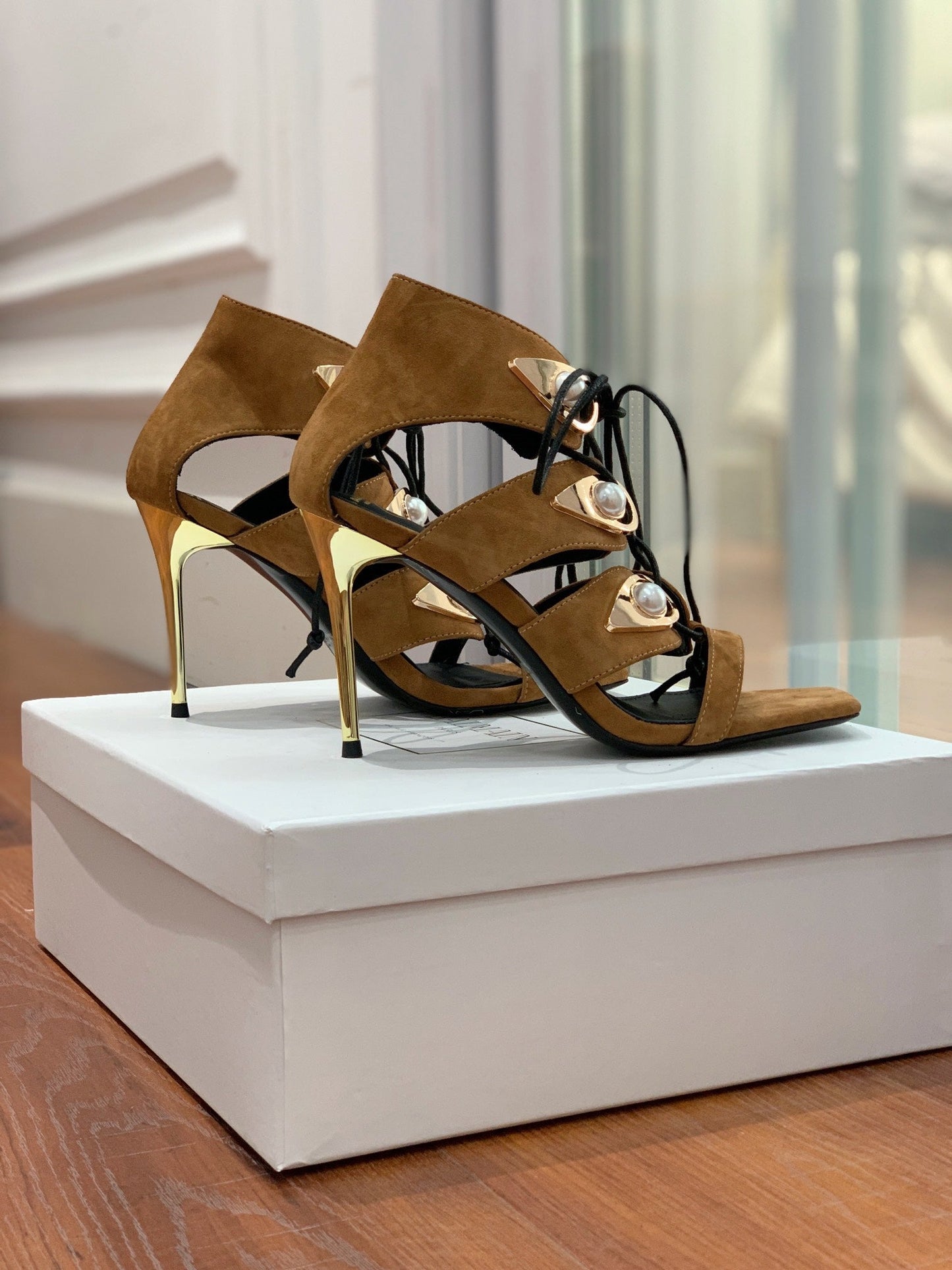 BALMAIN 25S HIGH HEELS 95MM IN DARK BROWN SUEDE WITH PEARL - 36