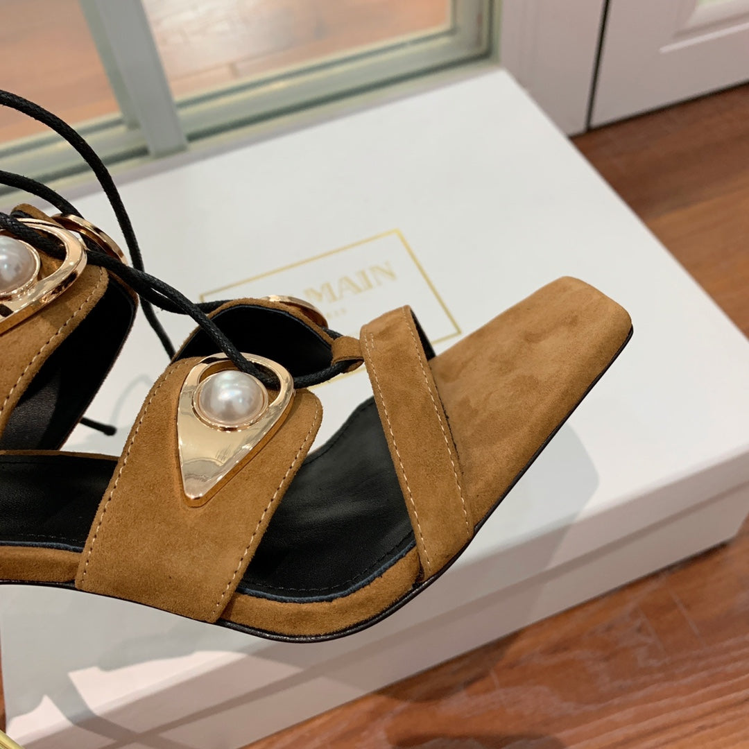 BALMAIN 25S HIGH HEELS 95MM IN DARK BROWN SUEDE WITH PEARL - 36