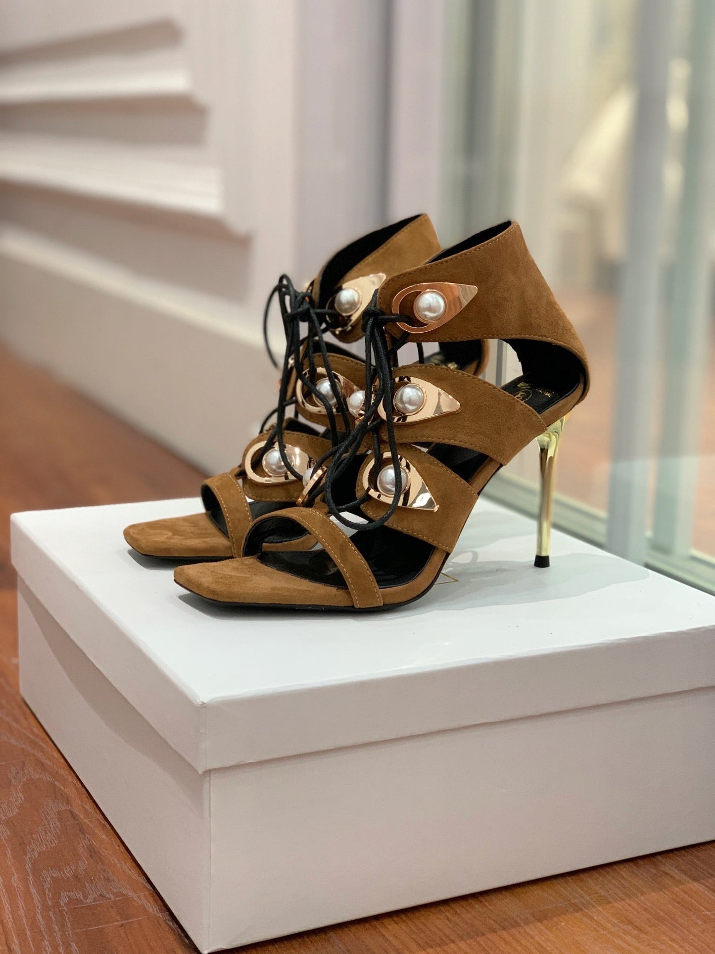 BALMAIN 25S HIGH HEELS 95MM IN DARK BROWN SUEDE WITH PEARL - 36