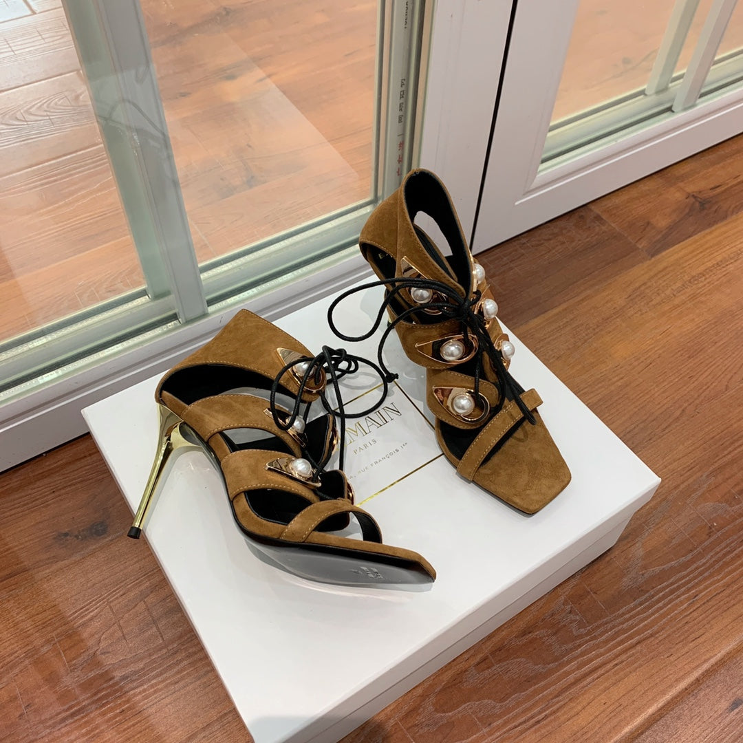 BALMAIN 25S HIGH HEELS 95MM IN DARK BROWN SUEDE WITH PEARL - 36