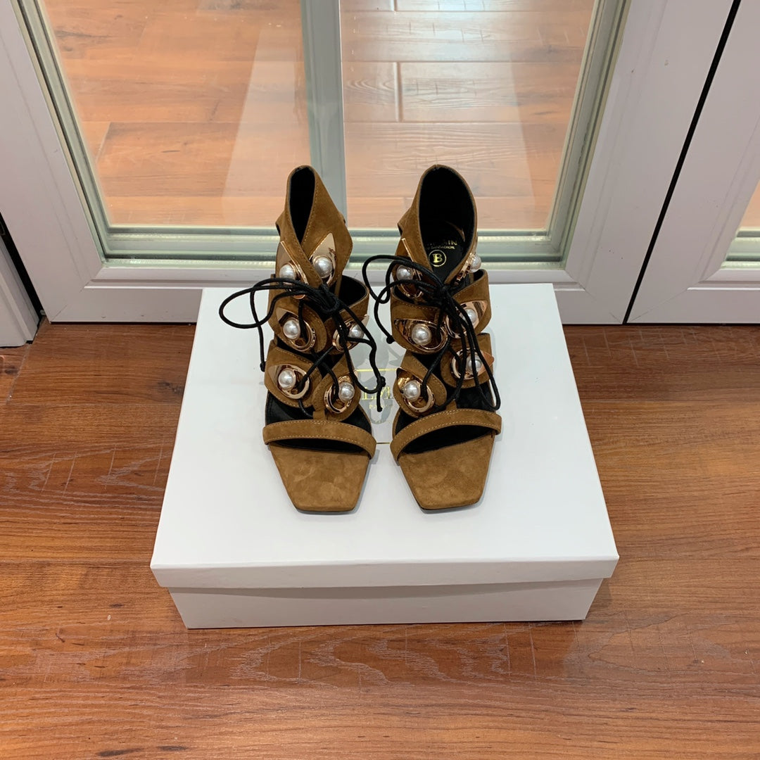 BALMAIN 25S HIGH HEELS 95MM IN DARK BROWN SUEDE WITH PEARL - 36