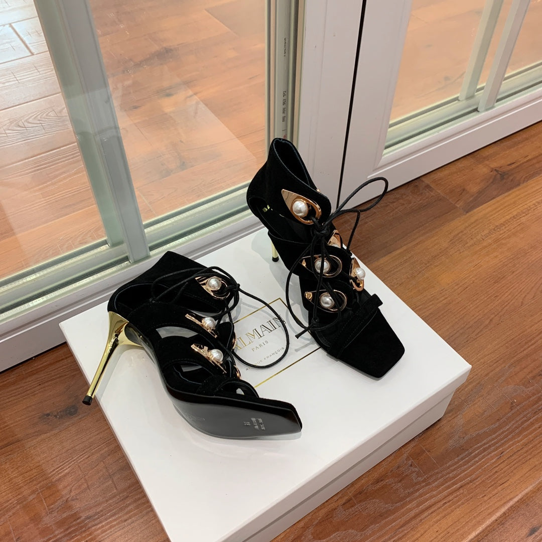 BALMAIN 25S HIGH HEELS 95MM IN BLACK SUEDE WITH PEARL - 36