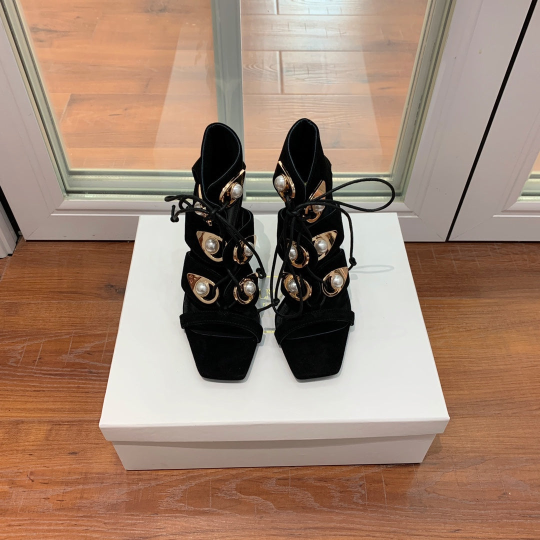 BALMAIN 25S HIGH HEELS 95MM IN BLACK SUEDE WITH PEARL - 36