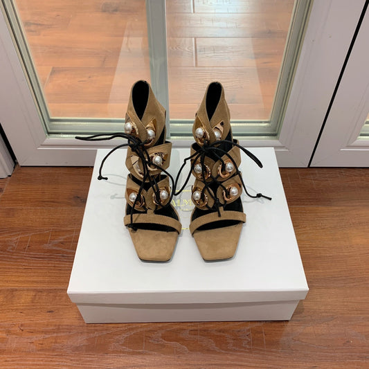 BALMAIN 25S HIGH HEELS 95MM IN LIGHT BROWN SUEDE WITH PEARL - 36
