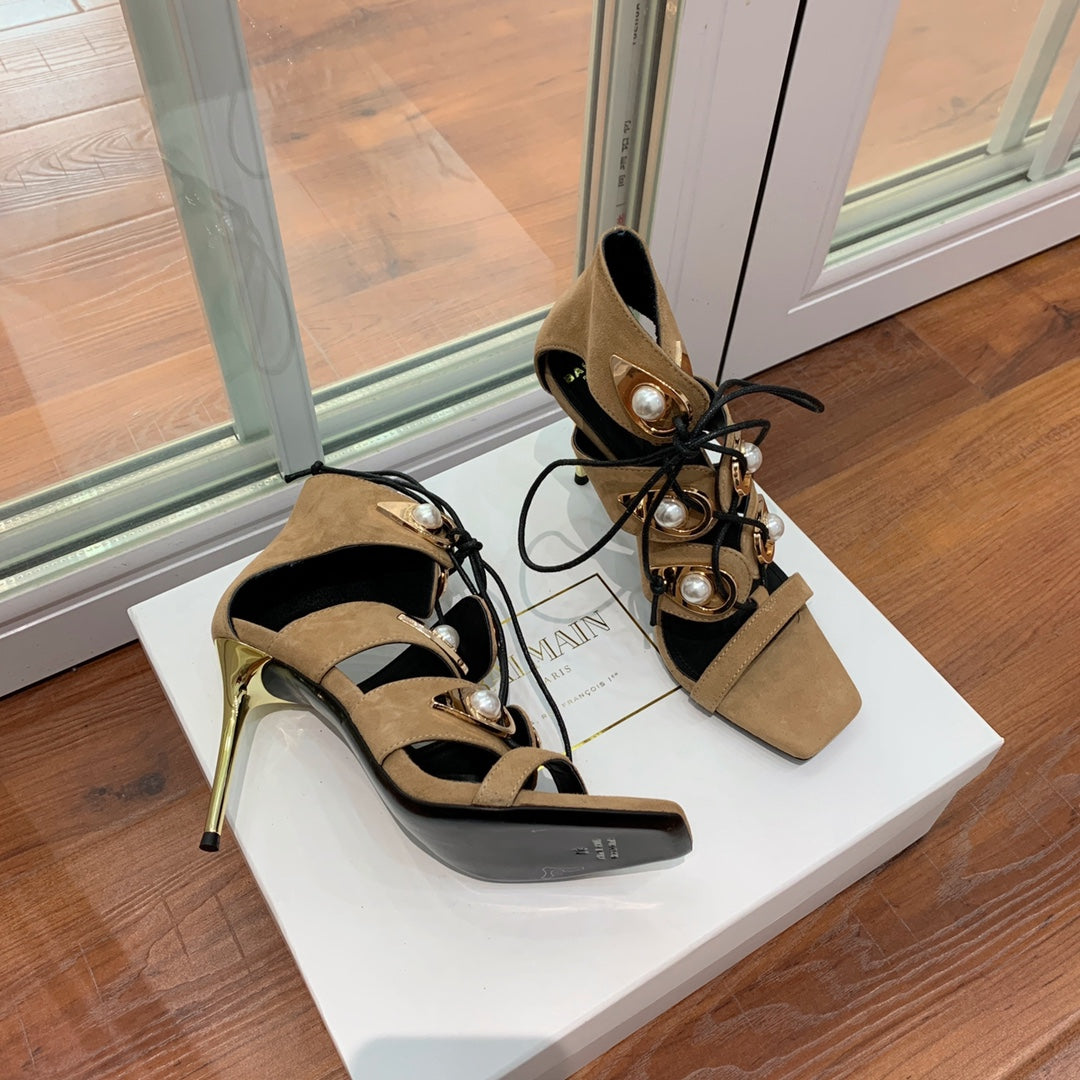 BALMAIN 25S HIGH HEELS 95MM IN LIGHT BROWN SUEDE WITH PEARL - 36