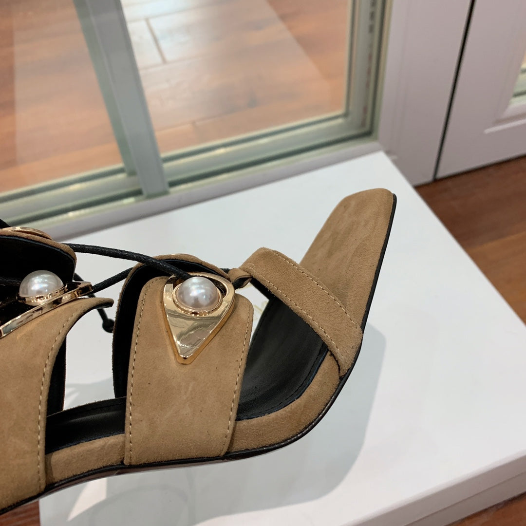 BALMAIN 25S HIGH HEELS 95MM IN LIGHT BROWN SUEDE WITH PEARL - 36