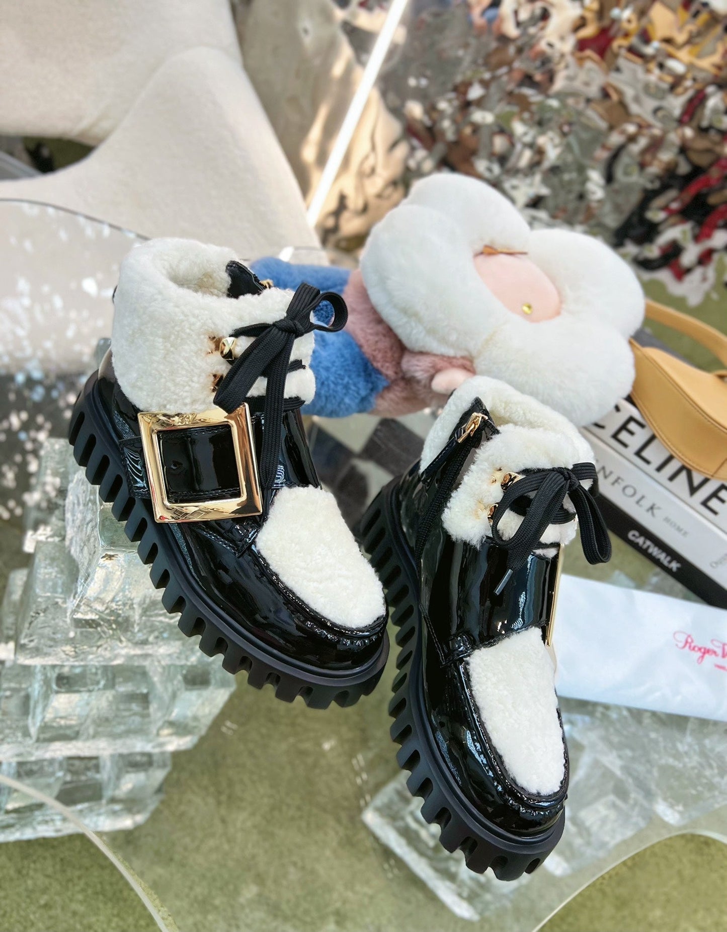 VIV' GO THICK ANKLE BOOTS IN BLACK CALFSKIN AND SHEARLING WITH GOLD BUCKLE - 35