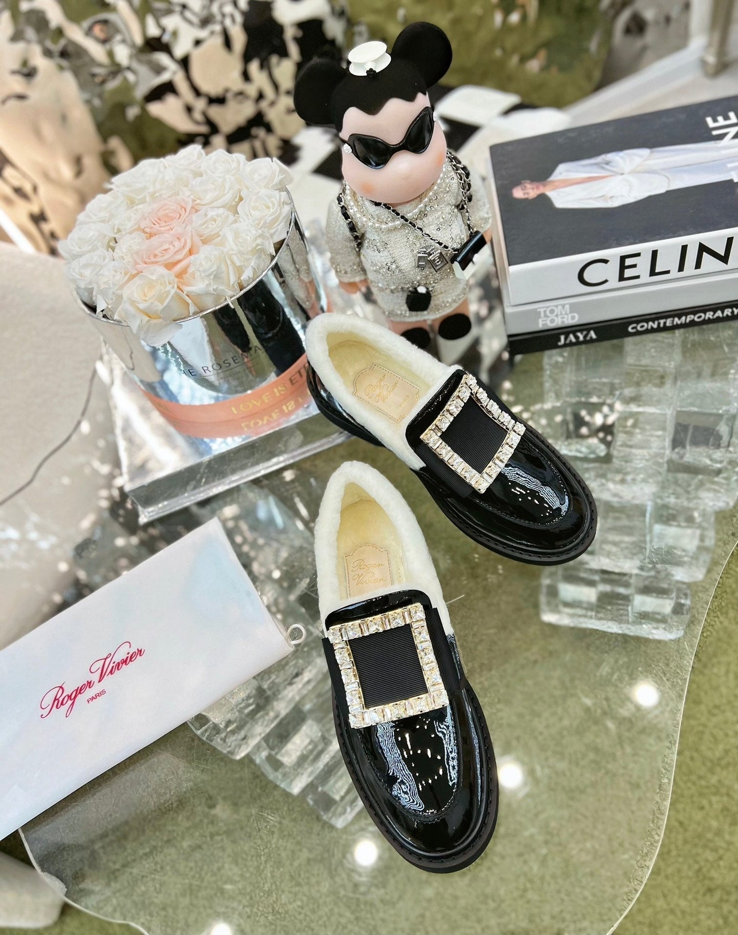 VIV' RANGERS LOAFERS IN BLACK PATENT CALFSKIN FLEECE LINING CRYSTAL BUCKLE - 35