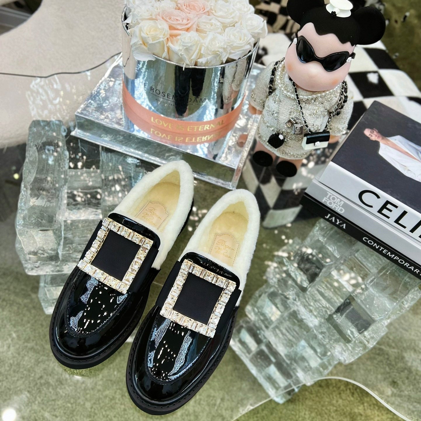 VIV' RANGERS LOAFERS IN BLACK PATENT CALFSKIN FLEECE LINING CRYSTAL BUCKLE - 35