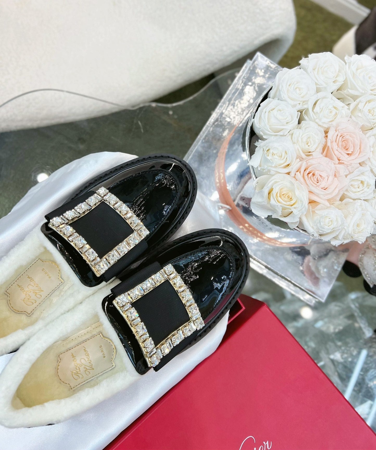 VIV' RANGERS LOAFERS IN BLACK PATENT CALFSKIN FLEECE LINING CRYSTAL BUCKLE - 35