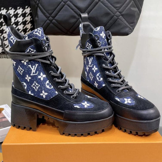 LAUREATE PLATFORM BOOTS IN BLACK SUEDE AND NAVY BLUE MONOGRAM JACQUARD PATTERN - 35
