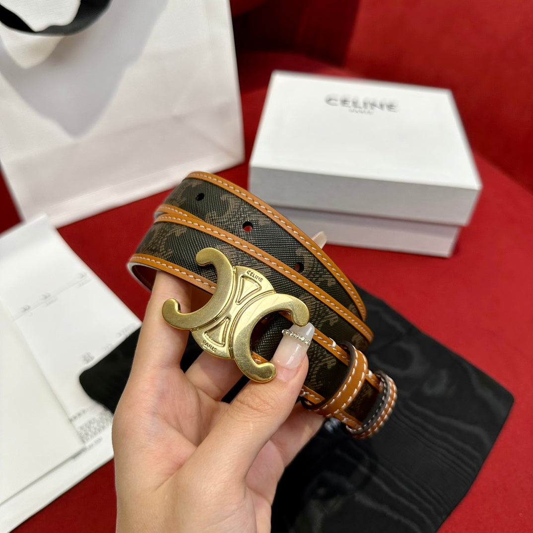 TRIOMPHE BELT 25MM REVERSIBLE IN DARK BROWN LOGO PRINT AND BROWN CALFSKIN WITH GOLD BUCKLE - 30