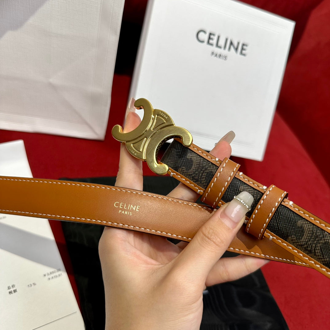TRIOMPHE BELT 25MM REVERSIBLE IN DARK BROWN LOGO PRINT AND BROWN CALFSKIN WITH GOLD BUCKLE - 30