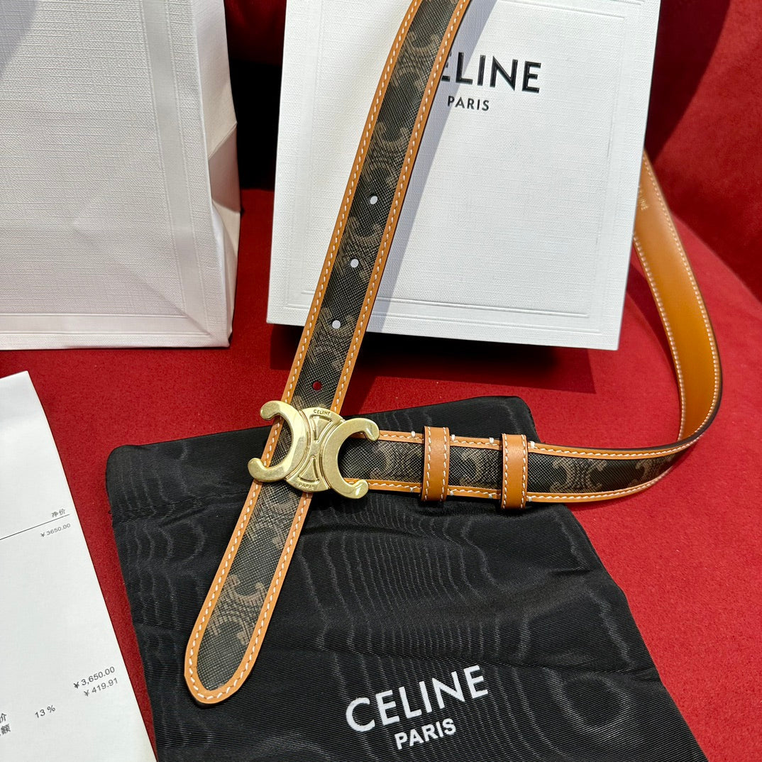 TRIOMPHE BELT 25MM REVERSIBLE IN DARK BROWN LOGO PRINT AND BROWN CALFSKIN WITH GOLD BUCKLE - 30