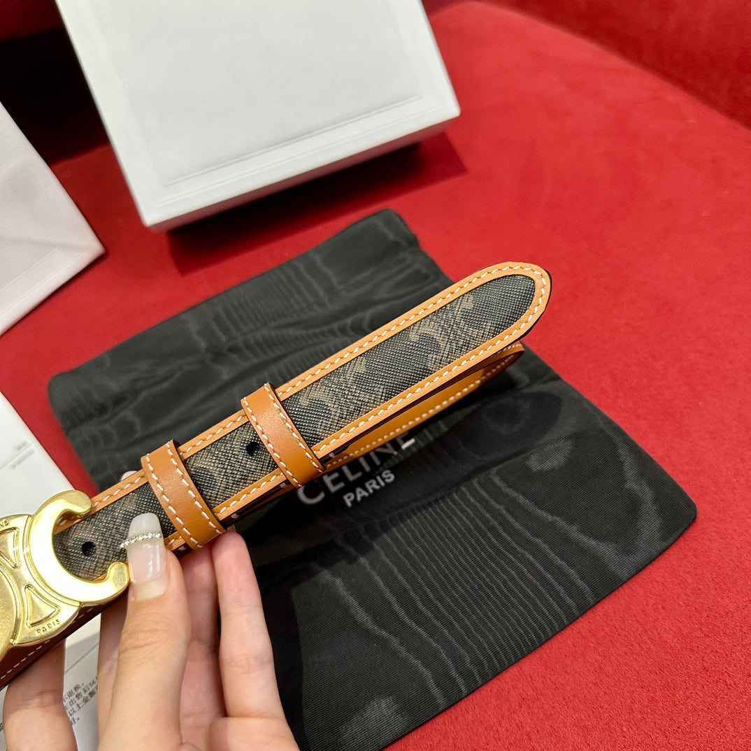 TRIOMPHE BELT 25MM REVERSIBLE IN DARK BROWN LOGO PRINT AND BROWN CALFSKIN WITH GOLD BUCKLE - 30