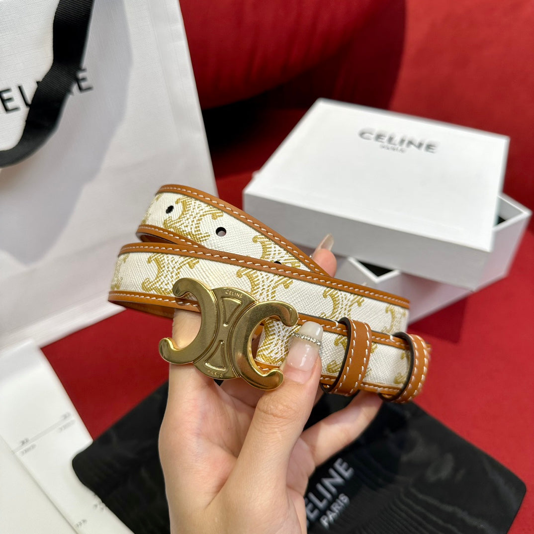 BELT 25MM IN WHITE AND BROWN CALFSKIN WITH LOGO PRINT AND GOLD BUCKLE - 30