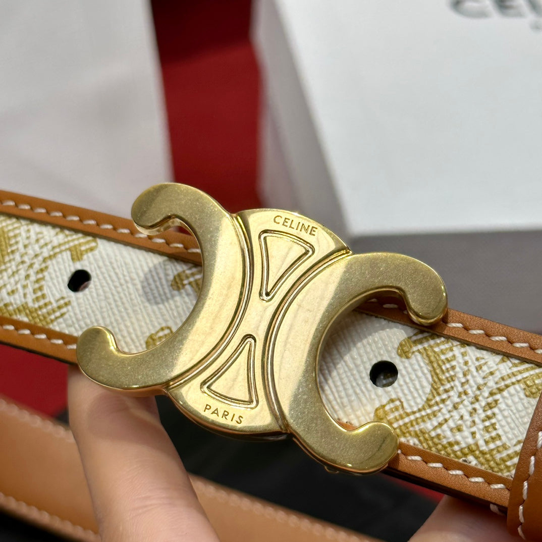 BELT 25MM IN WHITE AND BROWN CALFSKIN WITH LOGO PRINT AND GOLD BUCKLE - 30