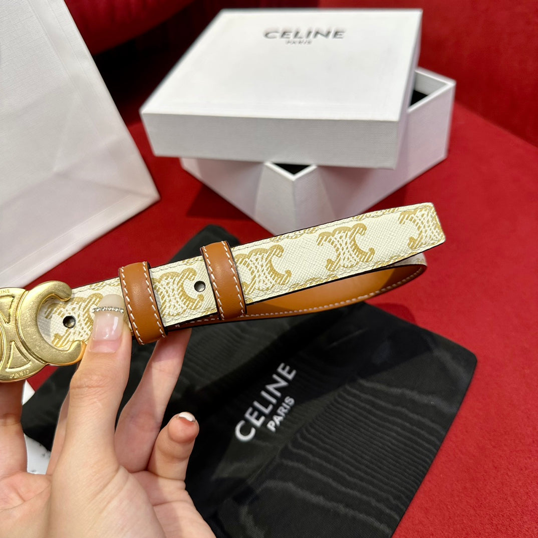 TRIOMPHE BELT 25MM REVERSIBLE IN WHITE LOGO-PRINT AND BROWN CALFSKIN WITH GOLD BUCKLE - 30