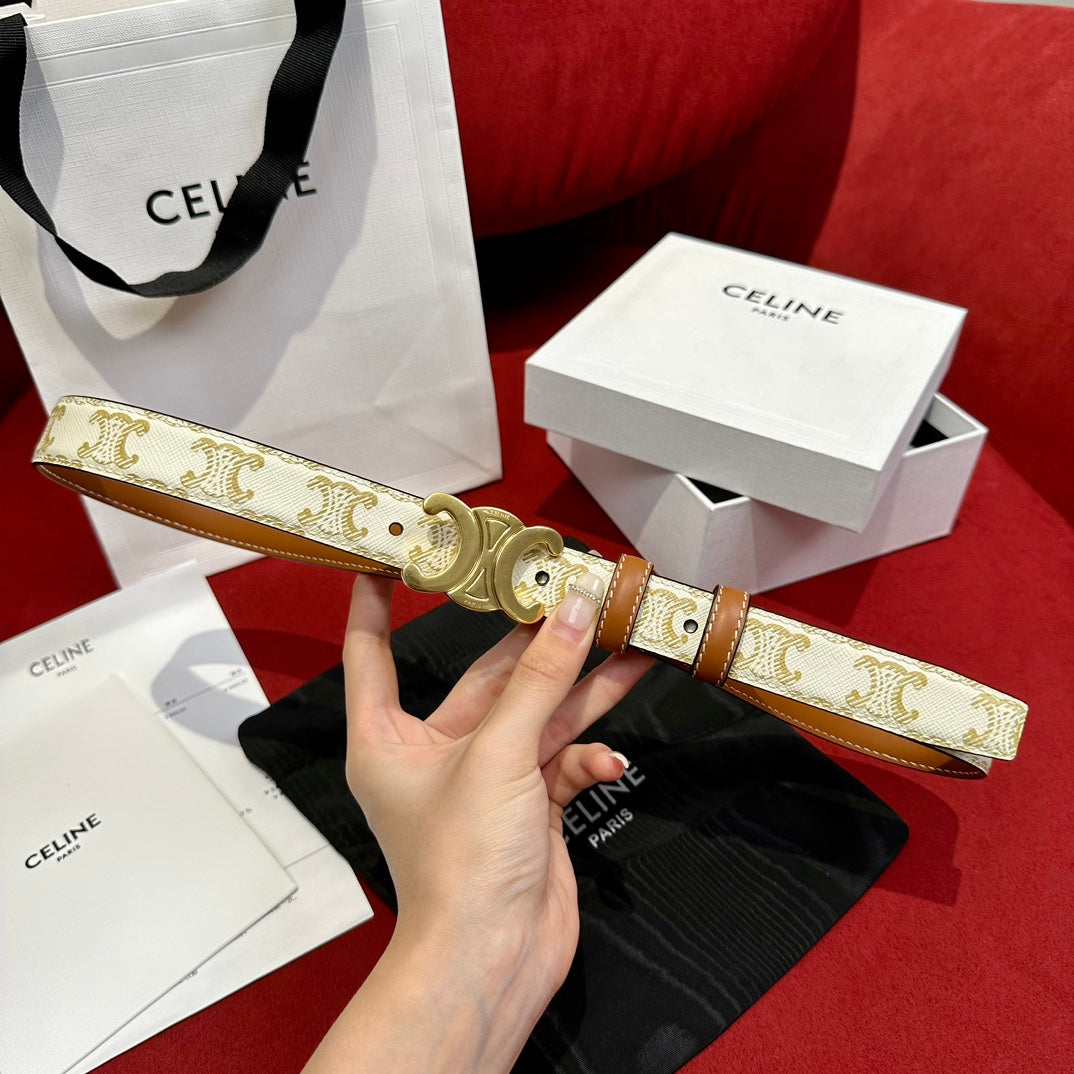 TRIOMPHE BELT 25MM REVERSIBLE IN WHITE LOGO-PRINT AND BROWN CALFSKIN WITH GOLD BUCKLE - 30