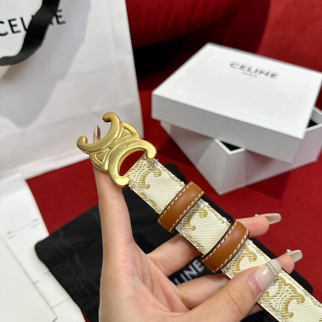 TRIOMPHE BELT 25MM REVERSIBLE IN WHITE LOGO-PRINT AND BROWN CALFSKIN WITH GOLD BUCKLE - 30
