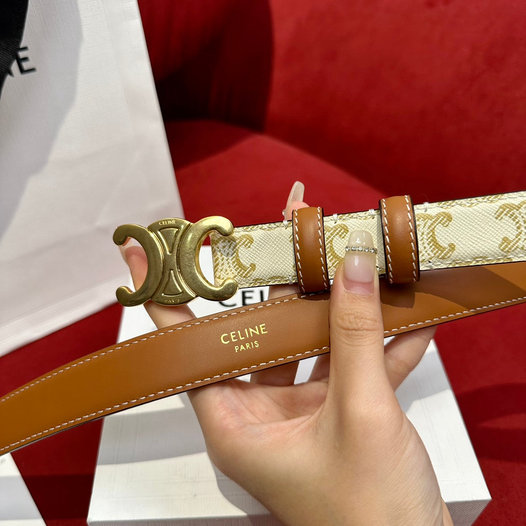 TRIOMPHE BELT 25MM REVERSIBLE IN WHITE LOGO-PRINT AND BROWN CALFSKIN WITH GOLD BUCKLE - 30