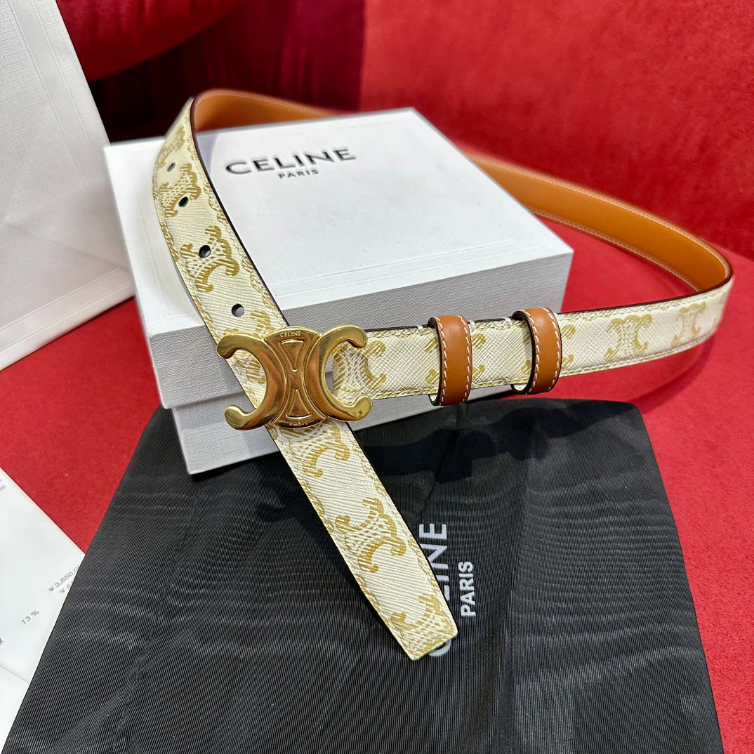 TRIOMPHE BELT 25MM REVERSIBLE IN WHITE LOGO-PRINT AND BROWN CALFSKIN WITH GOLD BUCKLE - 30