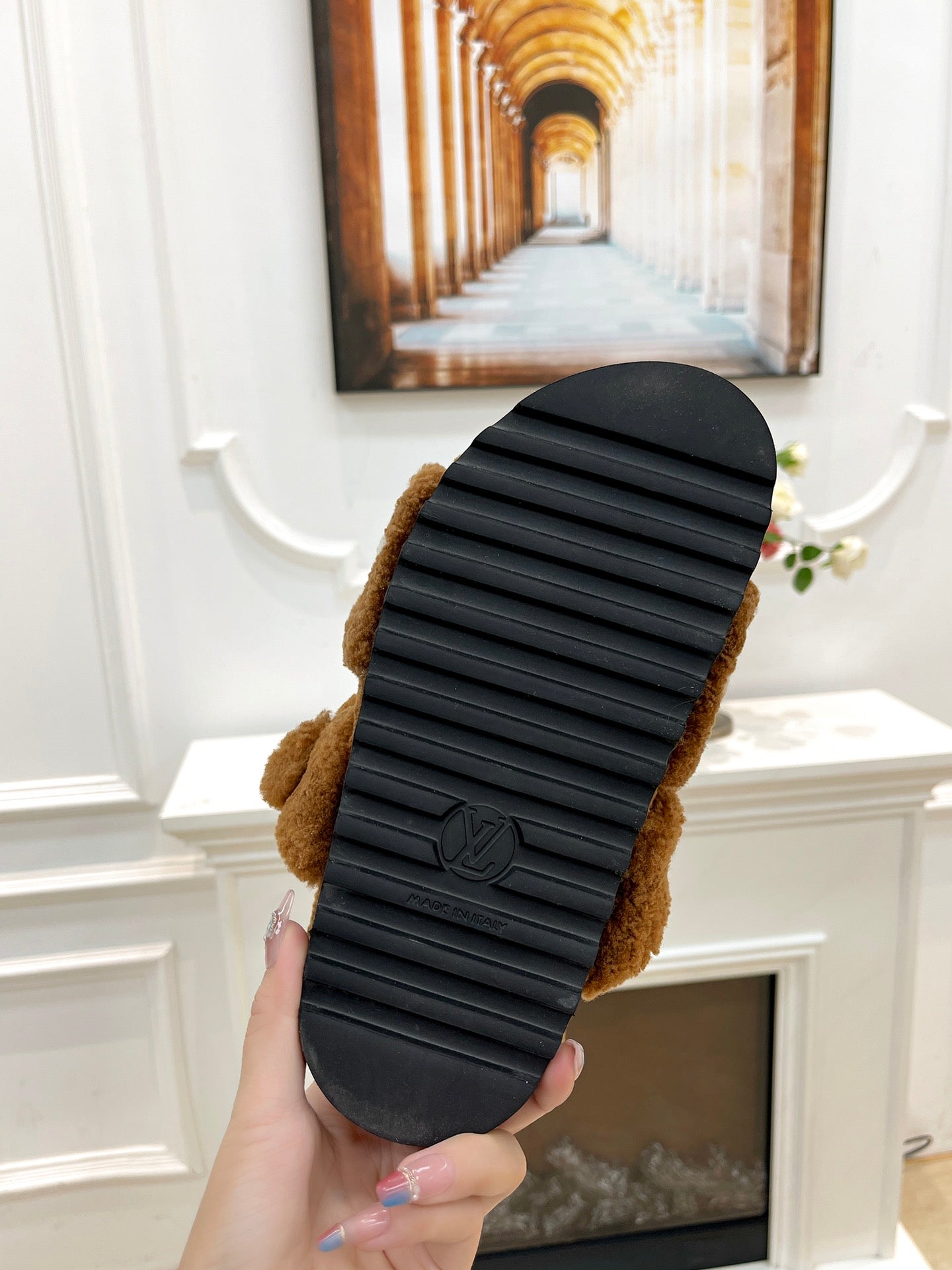 DAD SANDAL MULE IN CARAMEL BROWN MIX WHITE FLEECE - 35