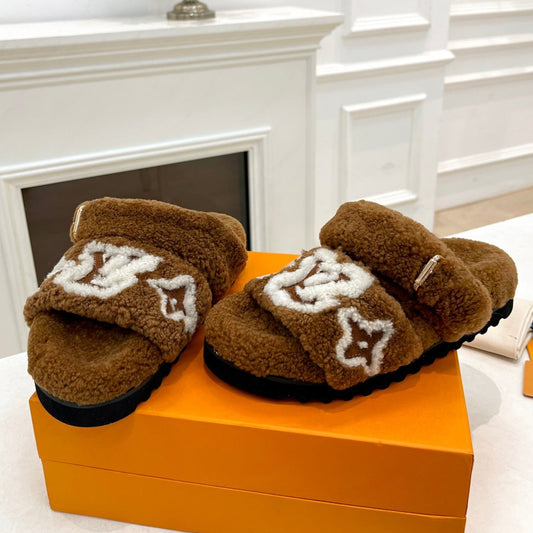 DAD SANDAL MULE IN CARAMEL BROWN MIX WHITE FLEECE - 35