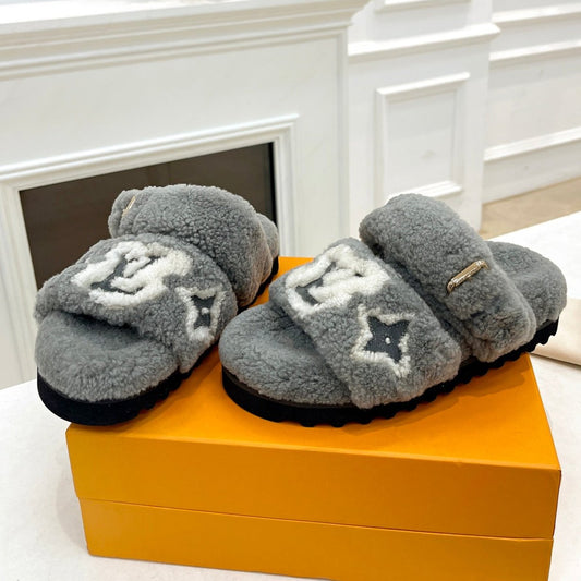 DAD SANDAL MULE IN SHADOW GRAY MIX WHITE FLEECE - 35