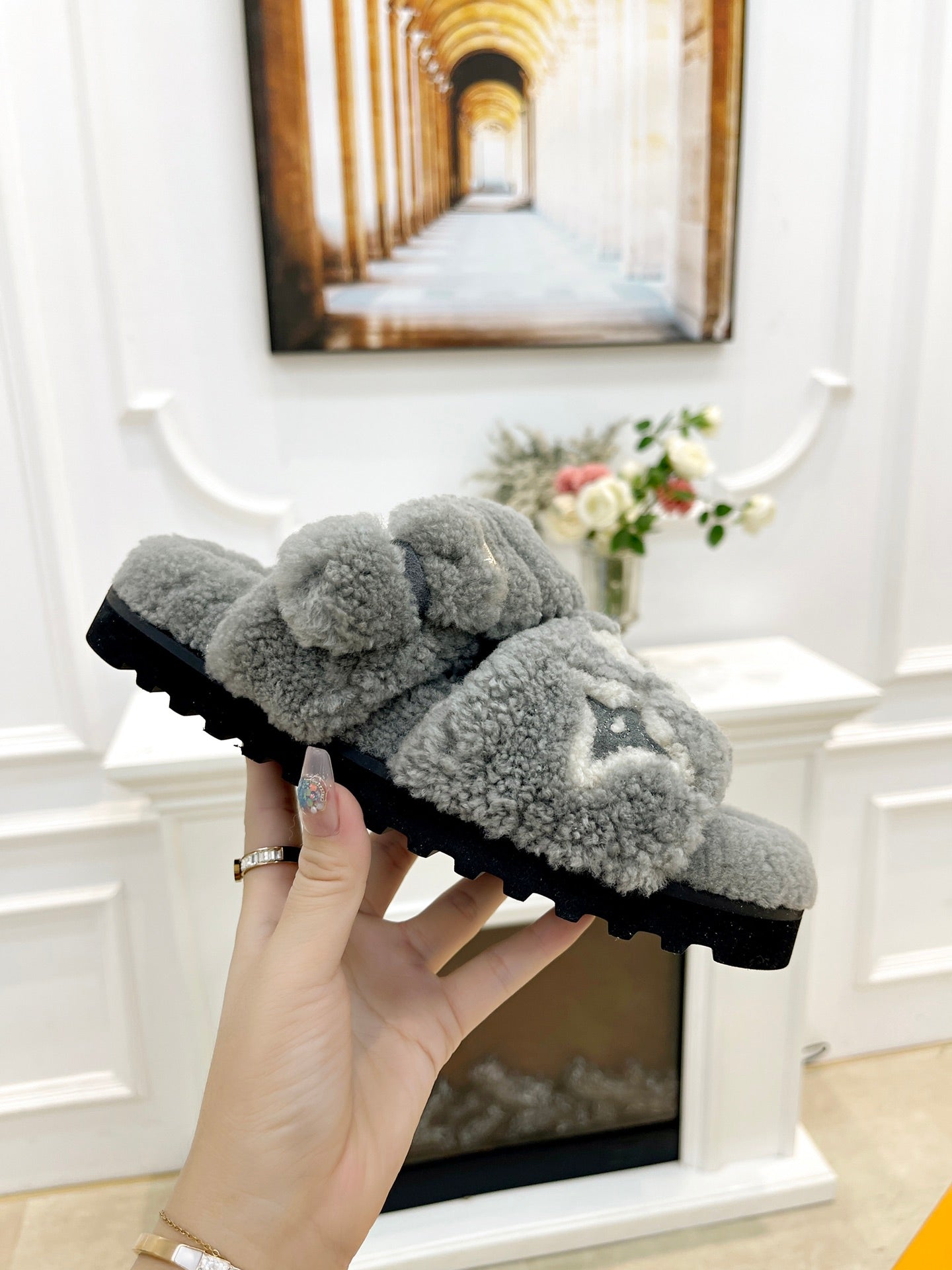DAD SANDAL MULE IN SHADOW GRAY MIX WHITE FLEECE - 35