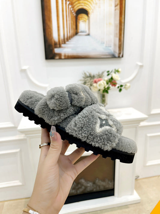 DAD SANDAL MULE IN SHADOW GRAY MIX WHITE FLEECE - 35