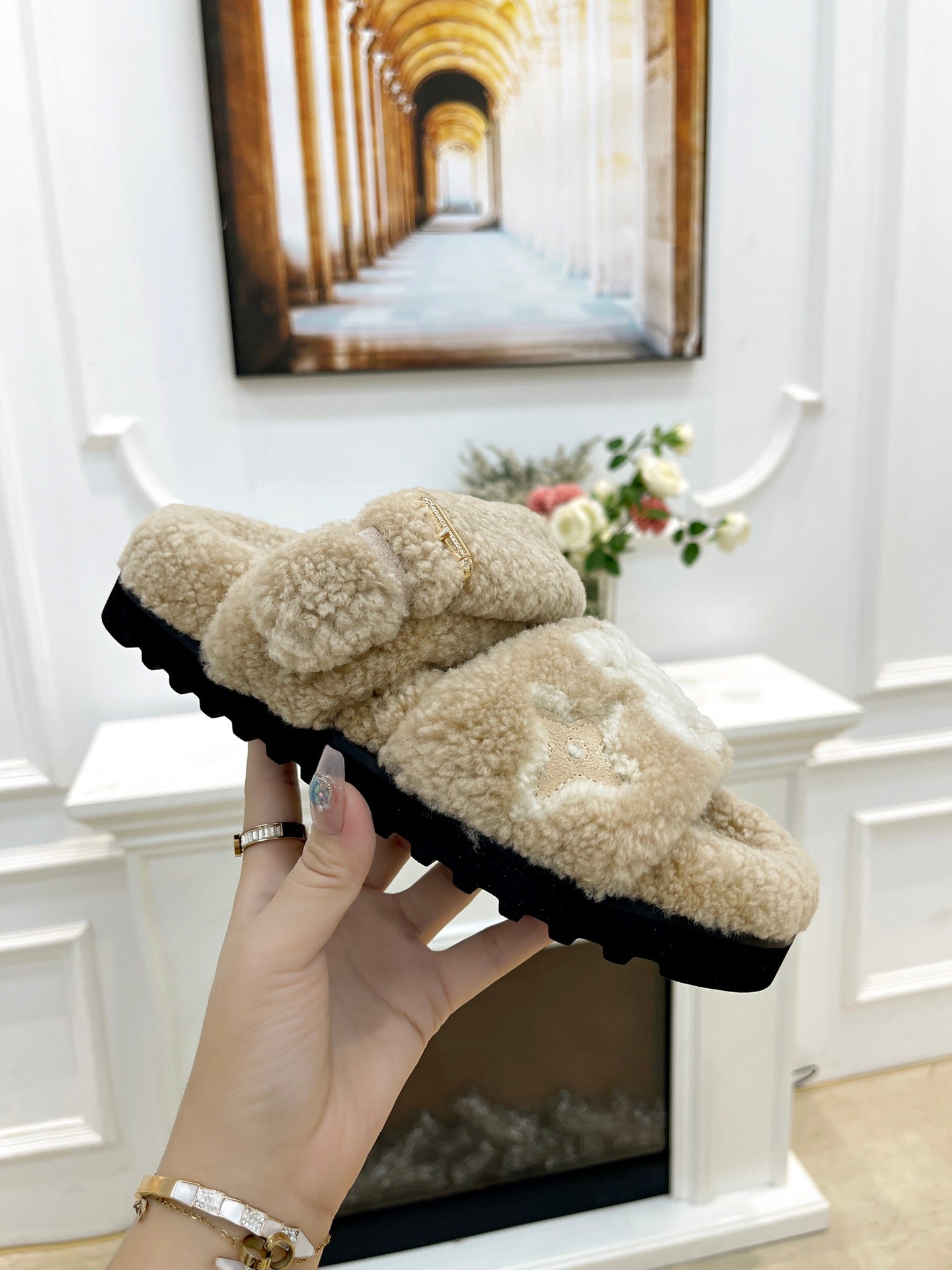 DAD SANDAL MULE IN WHEAT TAN MIX WHITE FLEECE - 35