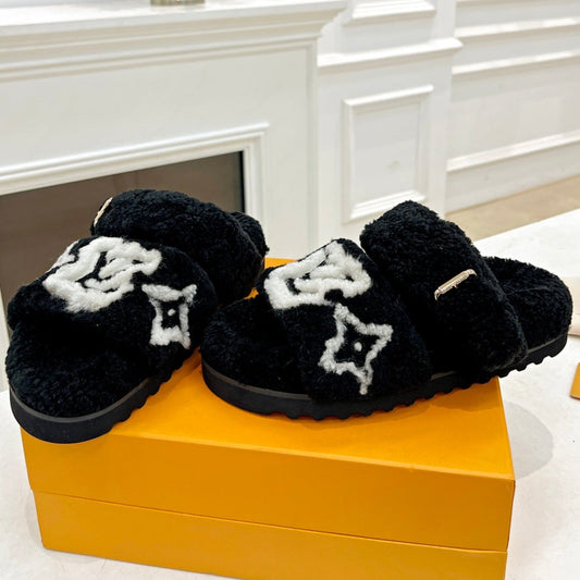 DAD SANDAL MULE IN BLACK MIX WHITE FLEECE - 35
