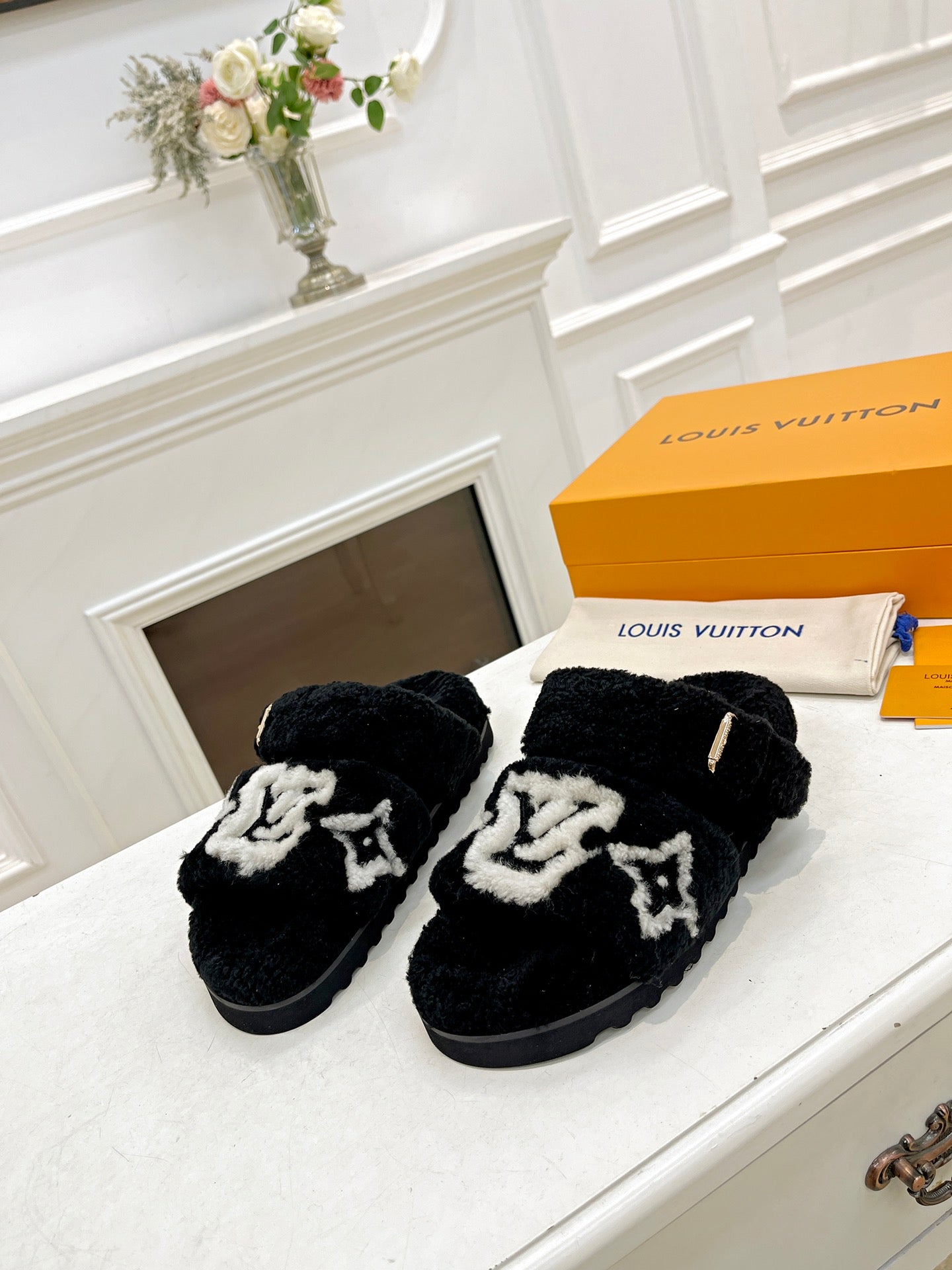DAD SANDAL MULE IN BLACK MIX WHITE FLEECE - 35