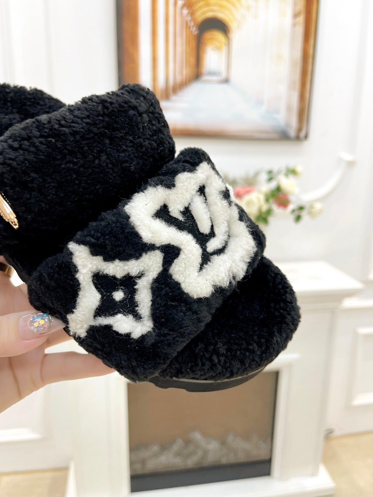 DAD SANDAL MULE IN BLACK MIX WHITE FLEECE - 35
