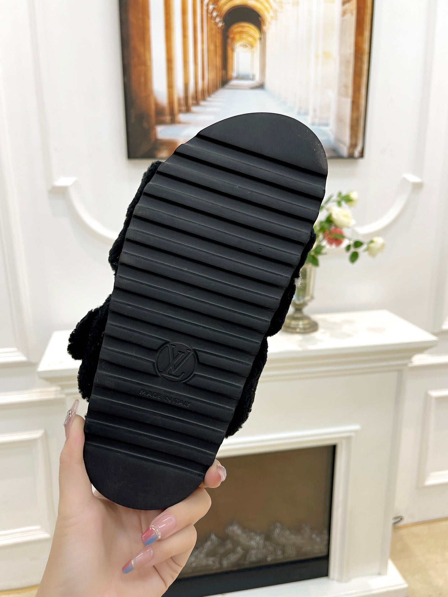 DAD SANDAL MULE IN BLACK MIX WHITE FLEECE - 35