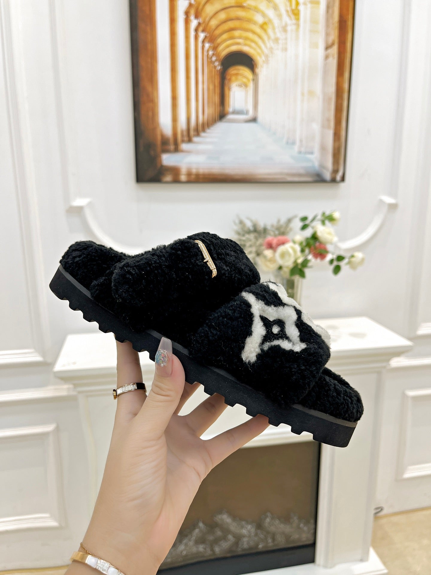 DAD SANDAL MULE IN BLACK MIX WHITE FLEECE - 35