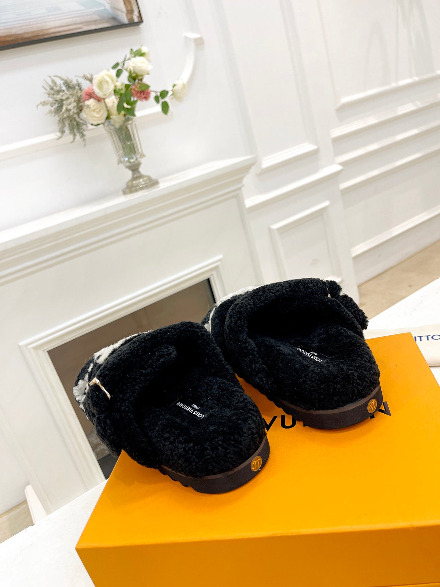 DAD SANDAL MULE IN BLACK MIX WHITE FLEECE - 35