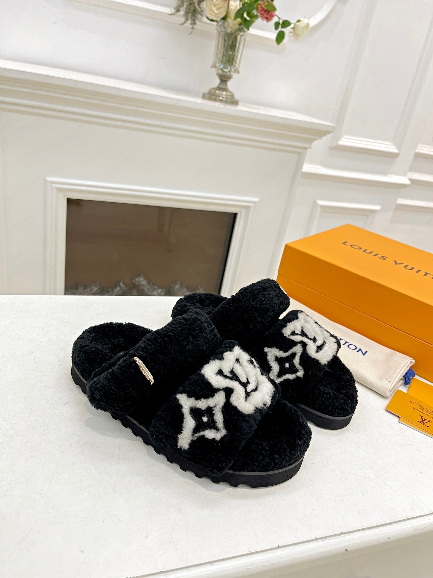 DAD SANDAL MULE IN BLACK MIX WHITE FLEECE - 35