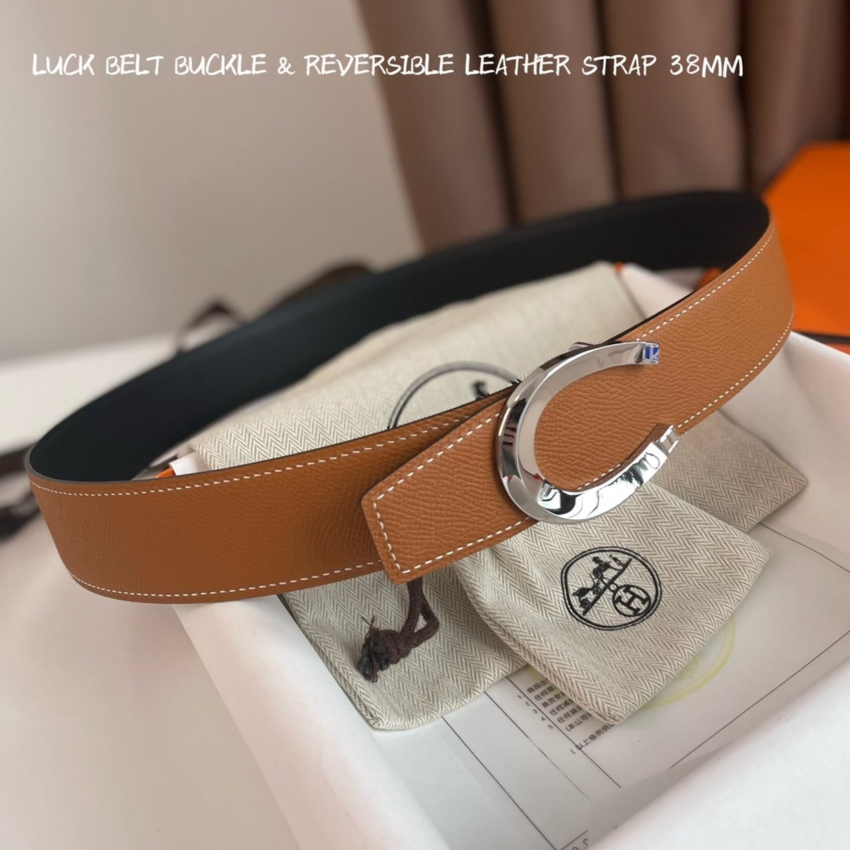 LUCK BELT BUCKLE & REVERSIBLE GINGER ORANGE AND BLACK LEATHER STRAP 38MM SILVER HARDWARE - 30