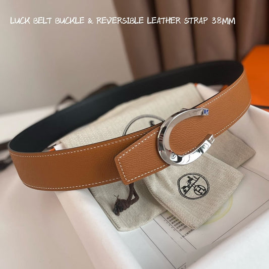 LUCK BELT BUCKLE & REVERSIBLE GINGER ORANGE AND BLACK LEATHER STRAP 38MM SILVER HARDWARE - 30