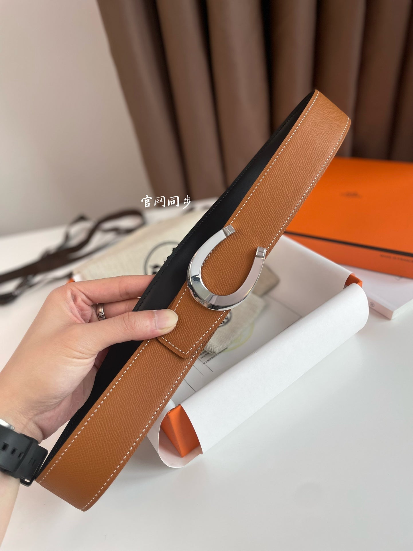 LUCK BELT BUCKLE & REVERSIBLE GINGER ORANGE AND BLACK LEATHER STRAP 38MM SILVER HARDWARE - 30
