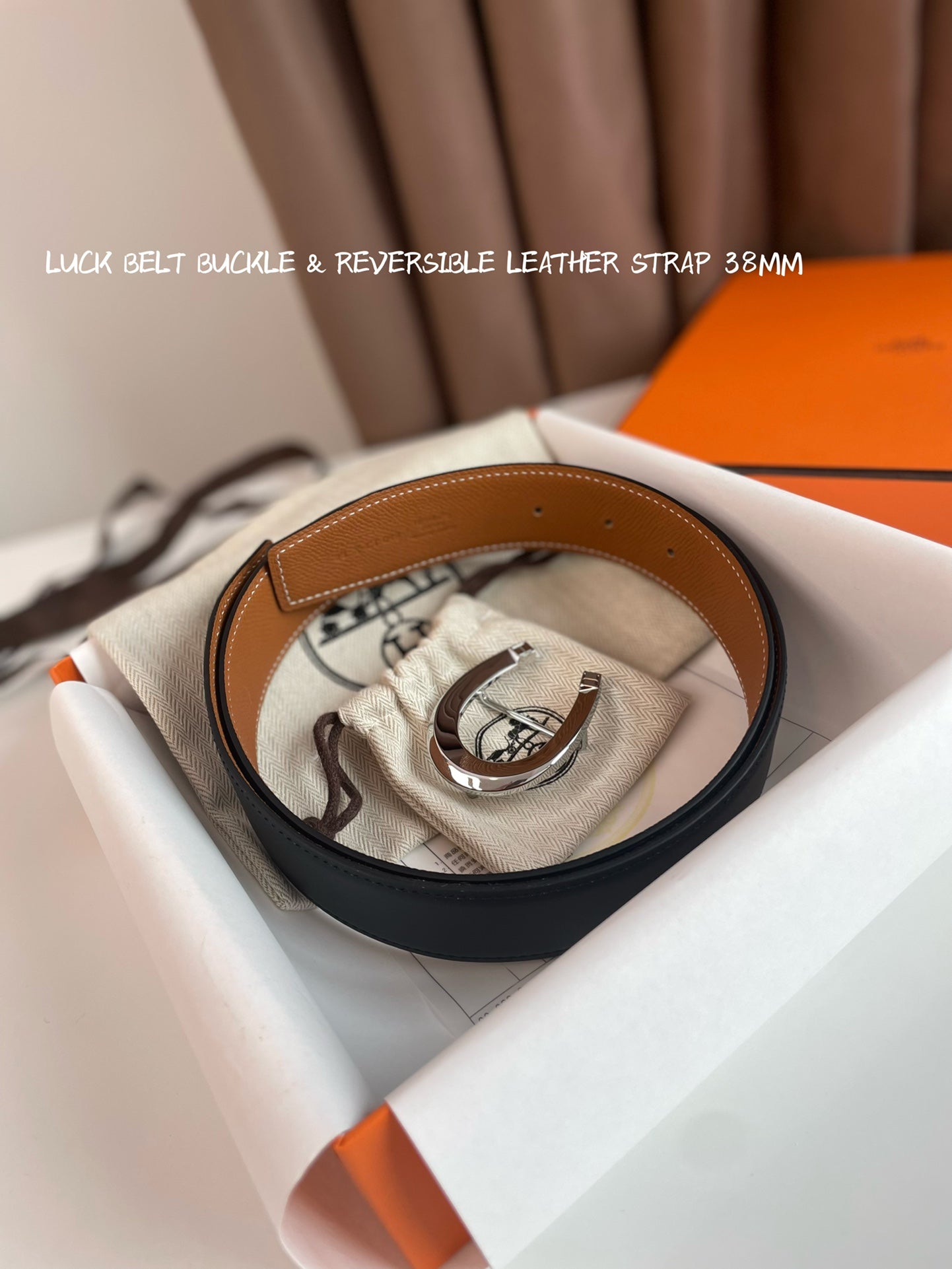LUCK BELT BUCKLE & REVERSIBLE GINGER ORANGE AND BLACK LEATHER STRAP 38MM SILVER HARDWARE - 30