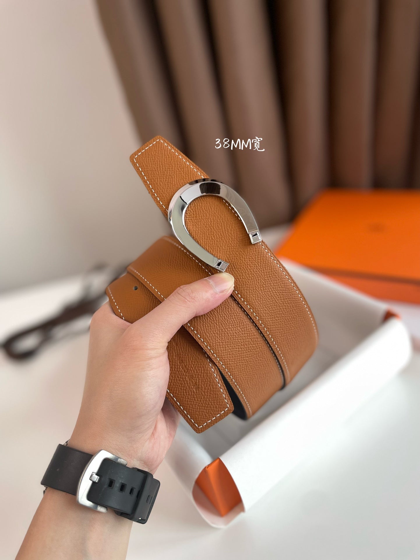 LUCK BELT BUCKLE & REVERSIBLE GINGER ORANGE AND BLACK LEATHER STRAP 38MM SILVER HARDWARE - 30