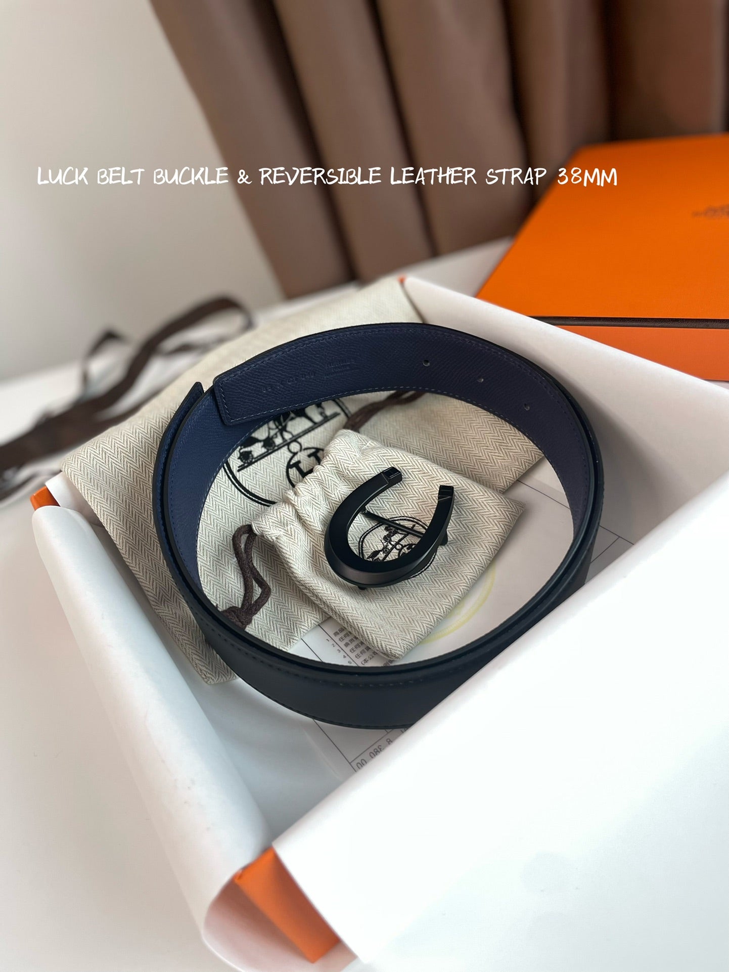 LUCK BELT BUCKLE & REVERSIBLE AEGEAN BLUE AND BLACK LEATHER STRAP 38MM BLACK HARDWARE - 30