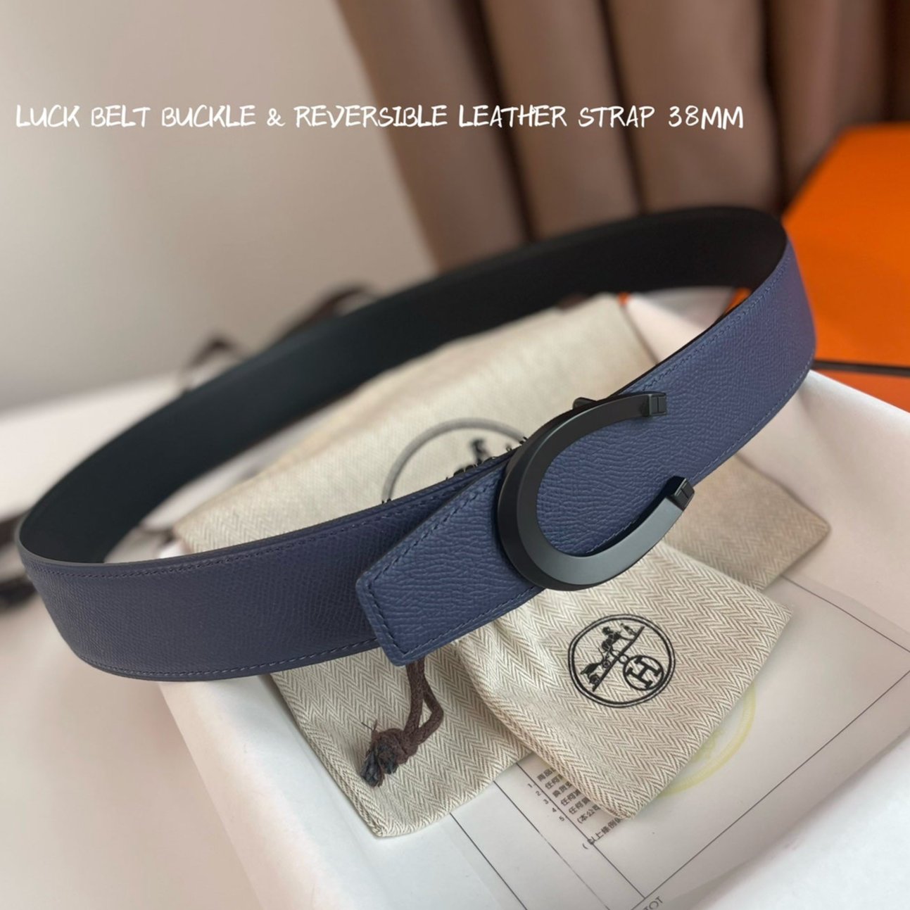 LUCK BELT BUCKLE & REVERSIBLE AEGEAN BLUE AND BLACK LEATHER STRAP 38MM BLACK HARDWARE - 30